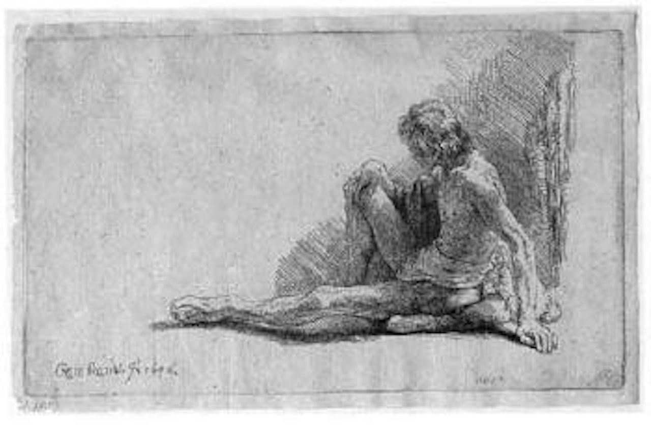 Nude ma sitting on floor by Attributed to Rembrandt Harmensz van Rijn
