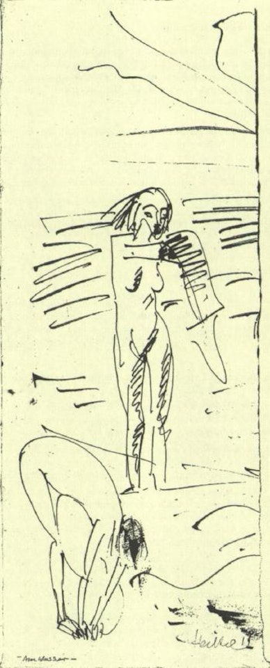 By the water - bathers on Fehmarn beach by Erich Heckel