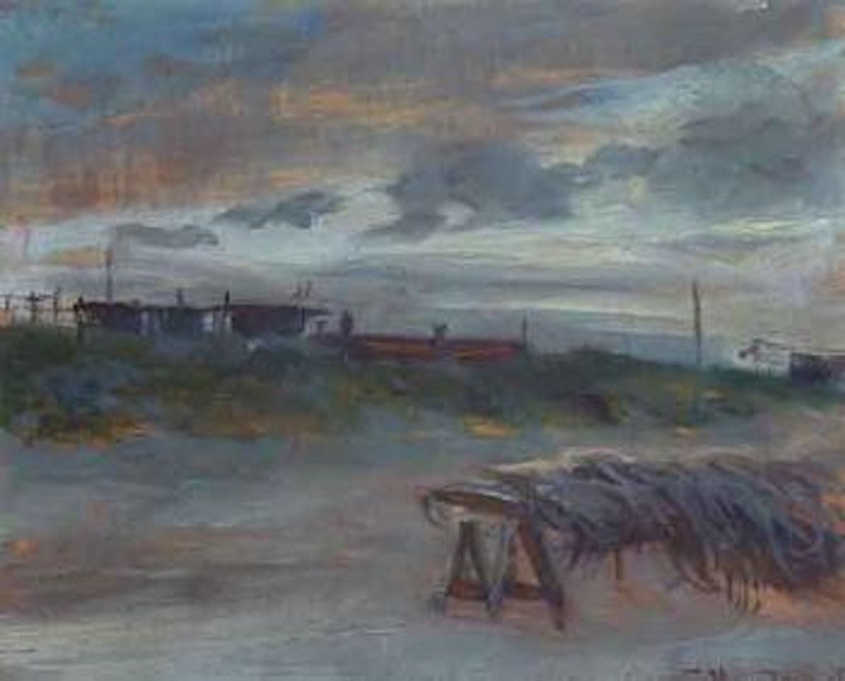Skagen Sonderstrand, cloudy June evening with fishing net in foreground by Peder Severin Kröyer
