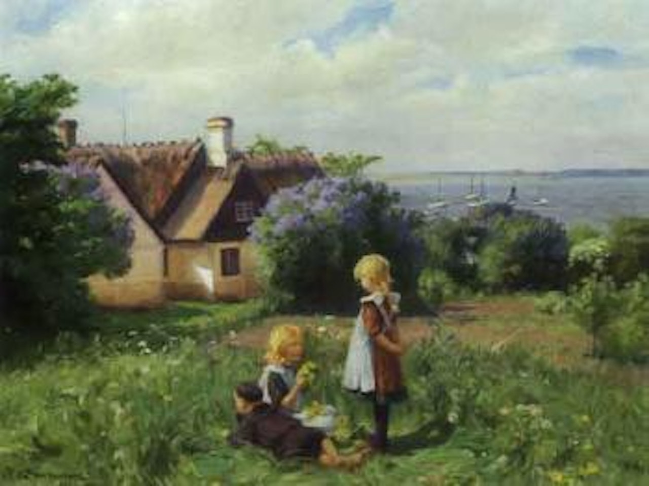 Summer time with children making flower garlands by Roskilde Fjord by Hans Andersen Brendekilde