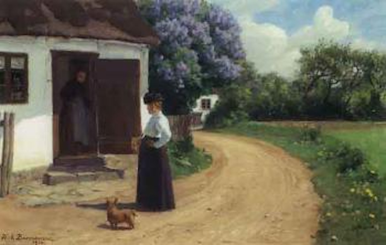 Village street with two ladies chatting in summer by Hans Andersen Brendekilde