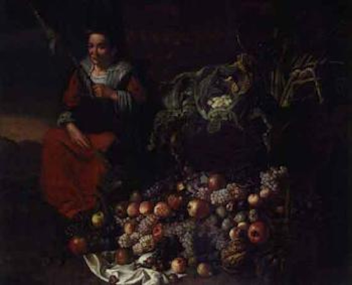 Still life of fruit and vegetables with an old maid nearby by Roman School
