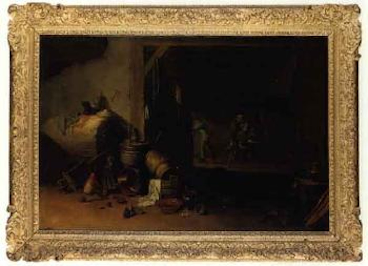Tavern interior with kitchen vessels in the foreground by Flemish School
