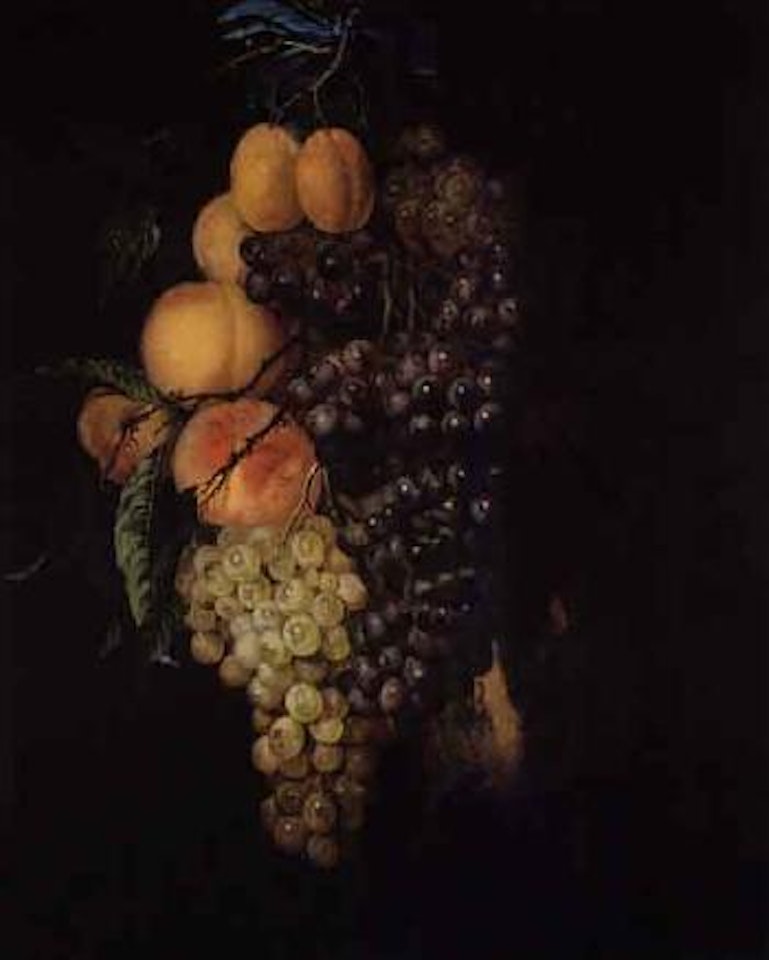 Garland of grapes and other fruit, tied with a blue ribbon by Willem van Aelst