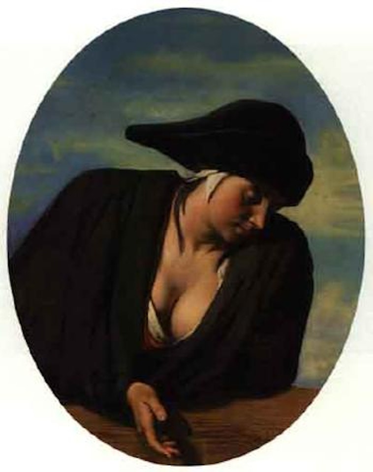 Peasant woman wearing a black hat by French School