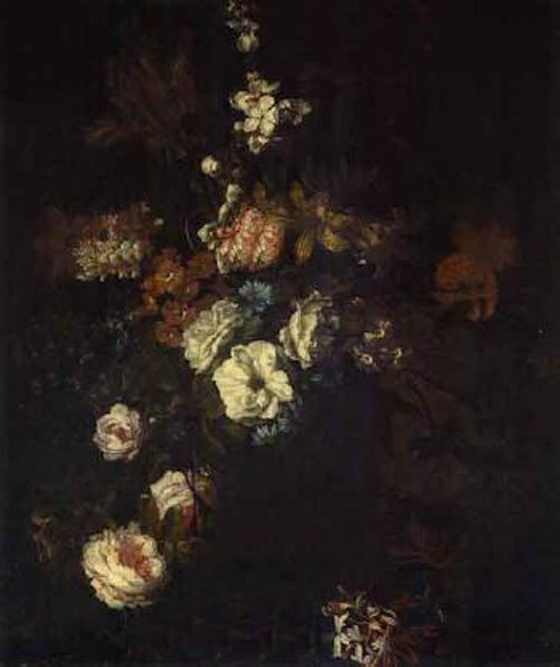 Still life of various flowers in a glass vase on a stone ledge by Jean Baptiste Monnoyer