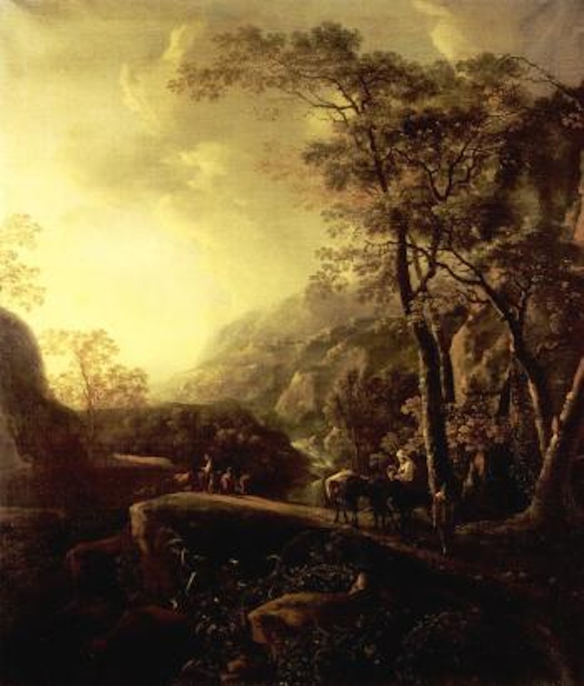 Italianate wooded landscape with muleteers on a path by a path a waterfall by Jan Both
