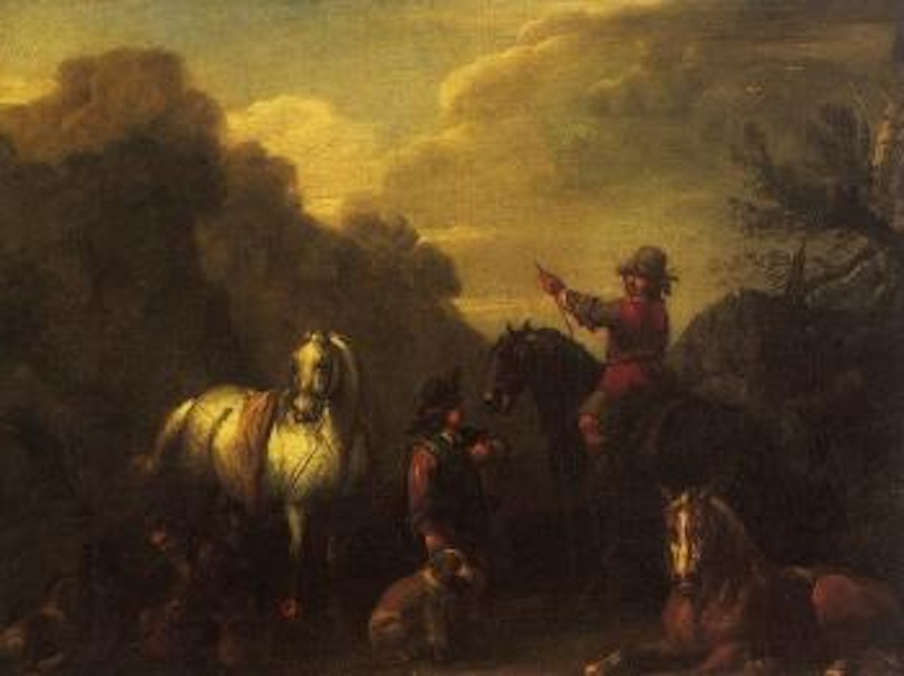 Hunting party in a wooded rocky landscape by John Wootton