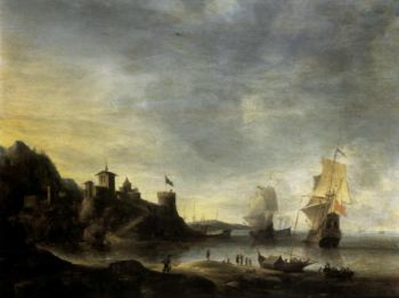 Mediterranean coastal fornication with two Dutch Men-o-war offshore by Jan Abrahamsz. Beerstraten