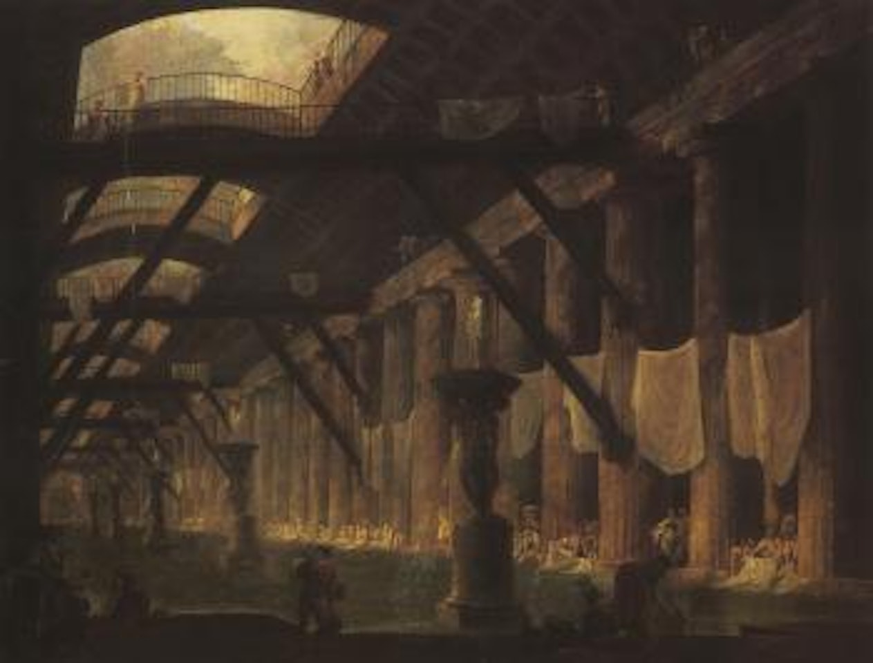 Architectural capriccio with women washing and drying sheets in a vast pillared gallery by Hubert Robert