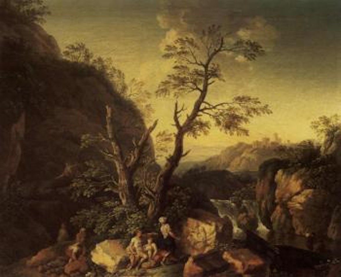 Classical figures conversing amongst ancients ruins by Jacob Philipp Hackert