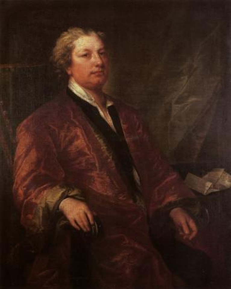 Portrait of a gentleman, seated in a dark blue coat and burgundy gown, at a table by Charles Jervas