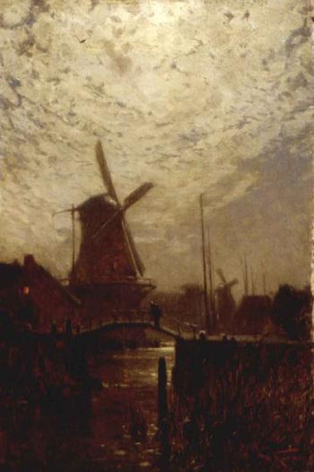 Figures crossing a bridge over a Dutch waterway by moonlight by Walter Moras