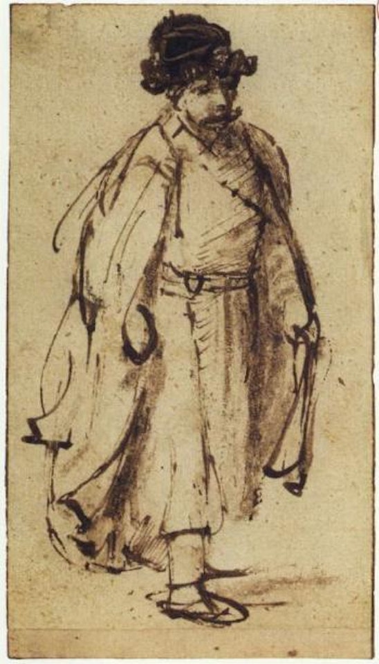 Man in fur hat, walking to the right by Attributed to Rembrandt Harmensz van Rijn