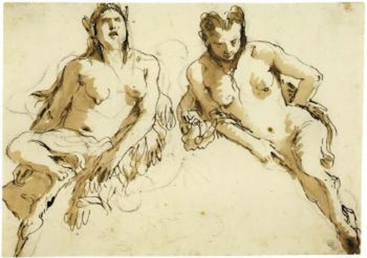 Design for a lunette, two female satyrs by Giovanni Battista Tiepolo