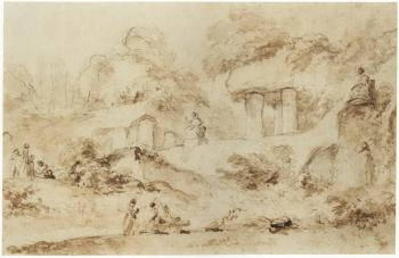 Figures in a park with a cascade and antique statues by Jean-Honoré Fragonard