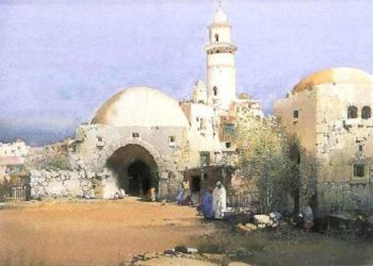 In the Arabian desert, figures outside a Mosque by Noel Harry Leaver