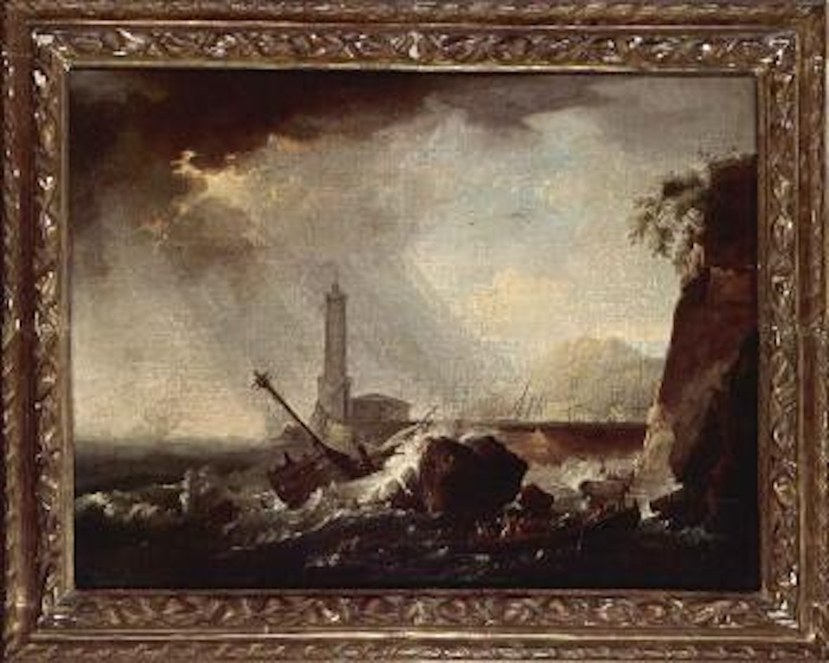 Shipwreck in a storm near a harbour. Shipping on calm seas near a harbour by Claude Joseph Vernet