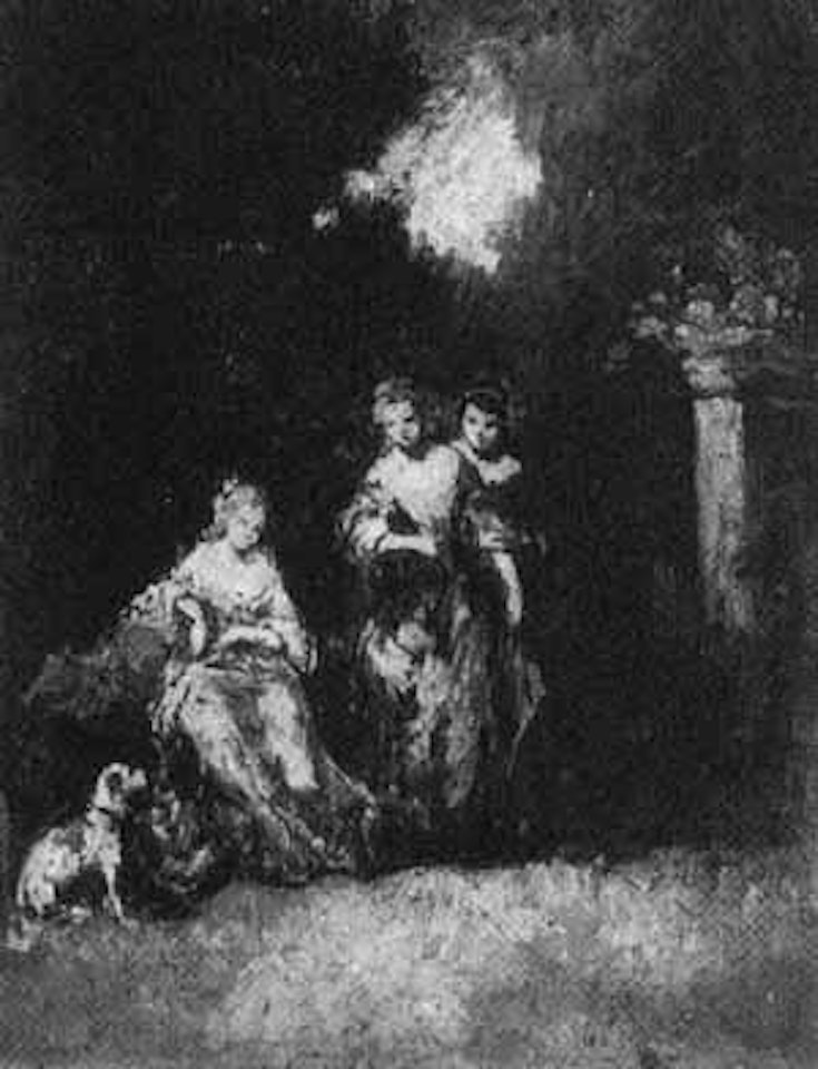 Elegant ladies with dog in garden by Adolphe Monticelli