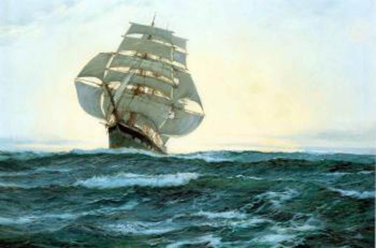 Clipper ship at sunset by Montague Dawson