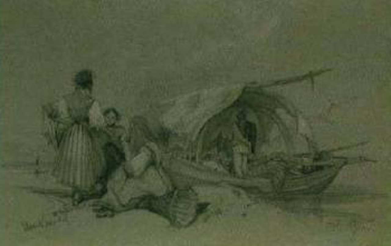 Figures in Eastern dress by a boat by Edward Lear