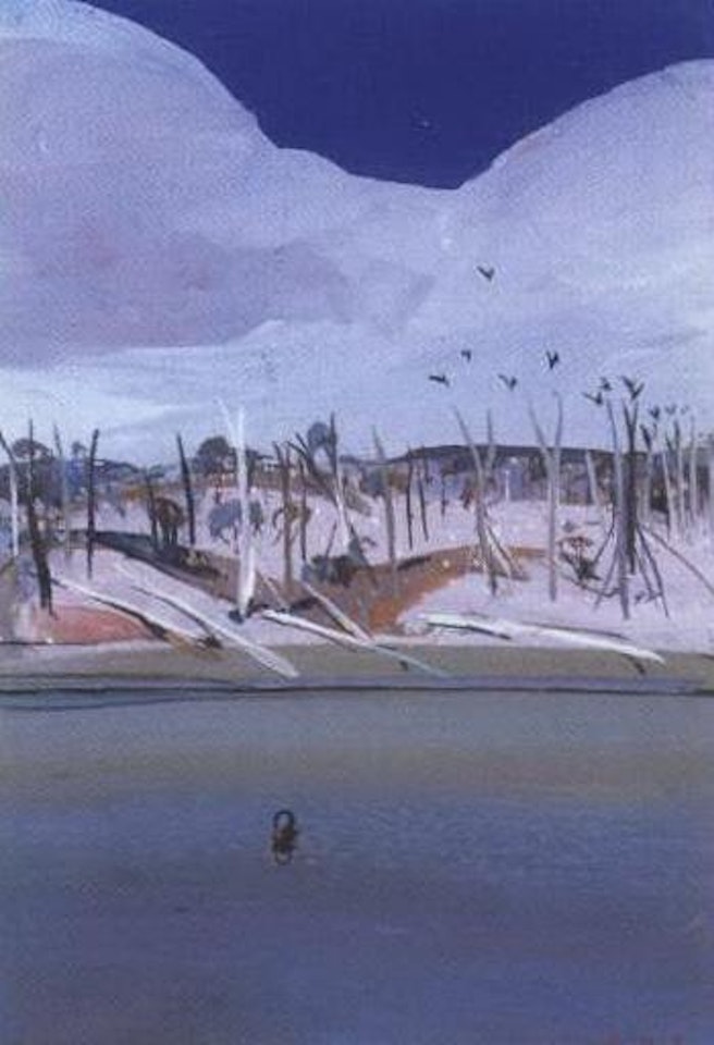 Pink landscape and black swan by Arthur Merric Bloomfield Boyd