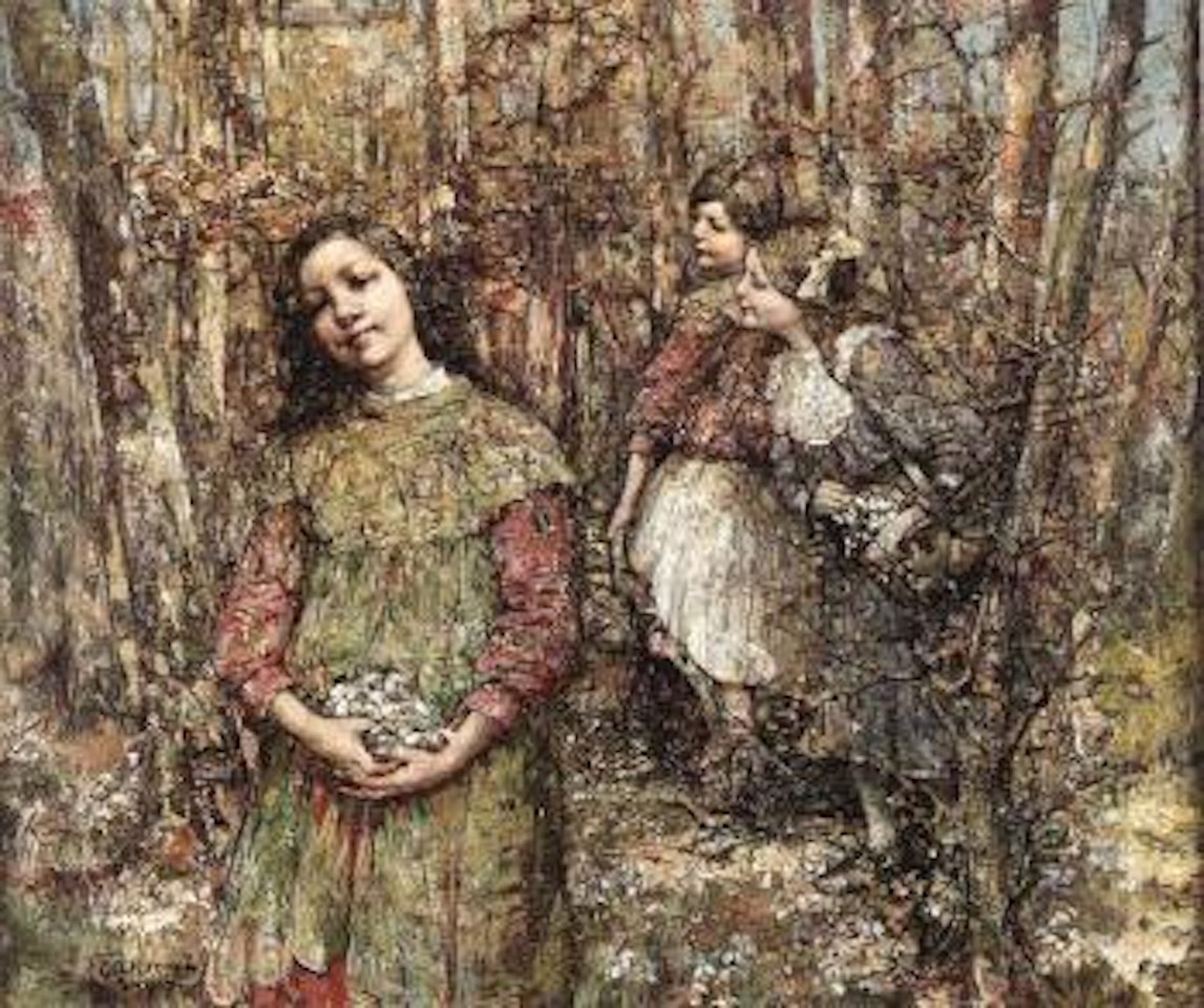 Gathering snowdrops in the woods by Edward Atkinson Hornel
