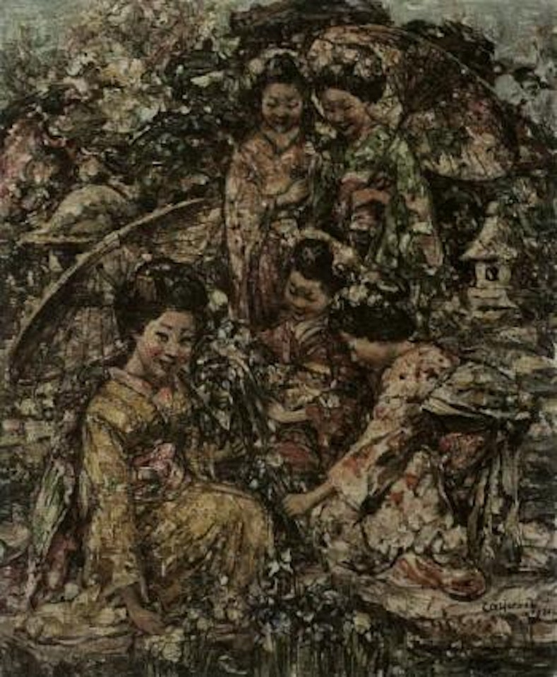 Young Japanese girls gathering flowers by Edward Atkinson Hornel