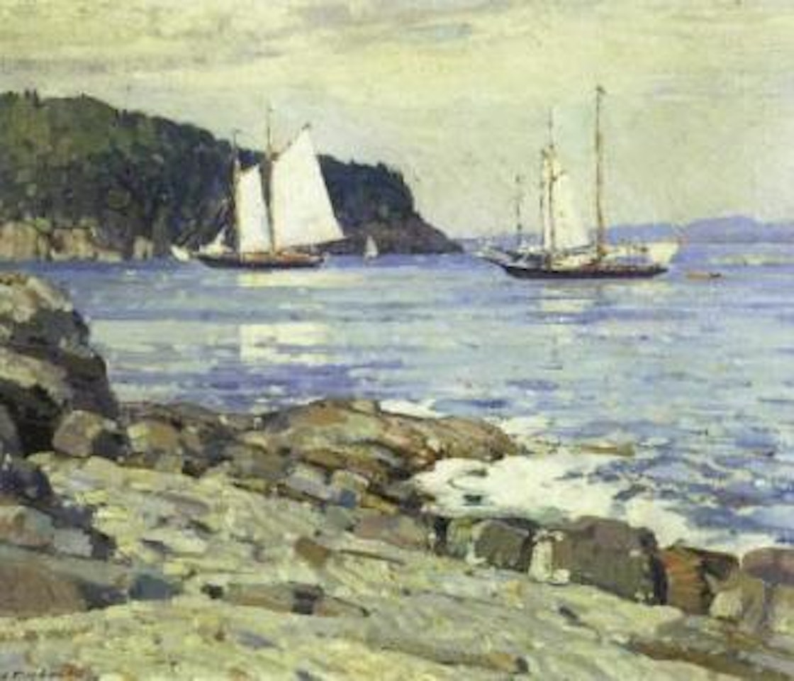 Schooners near a rocky north shore or a Maine harbour by Aldro Thompson Hibbard