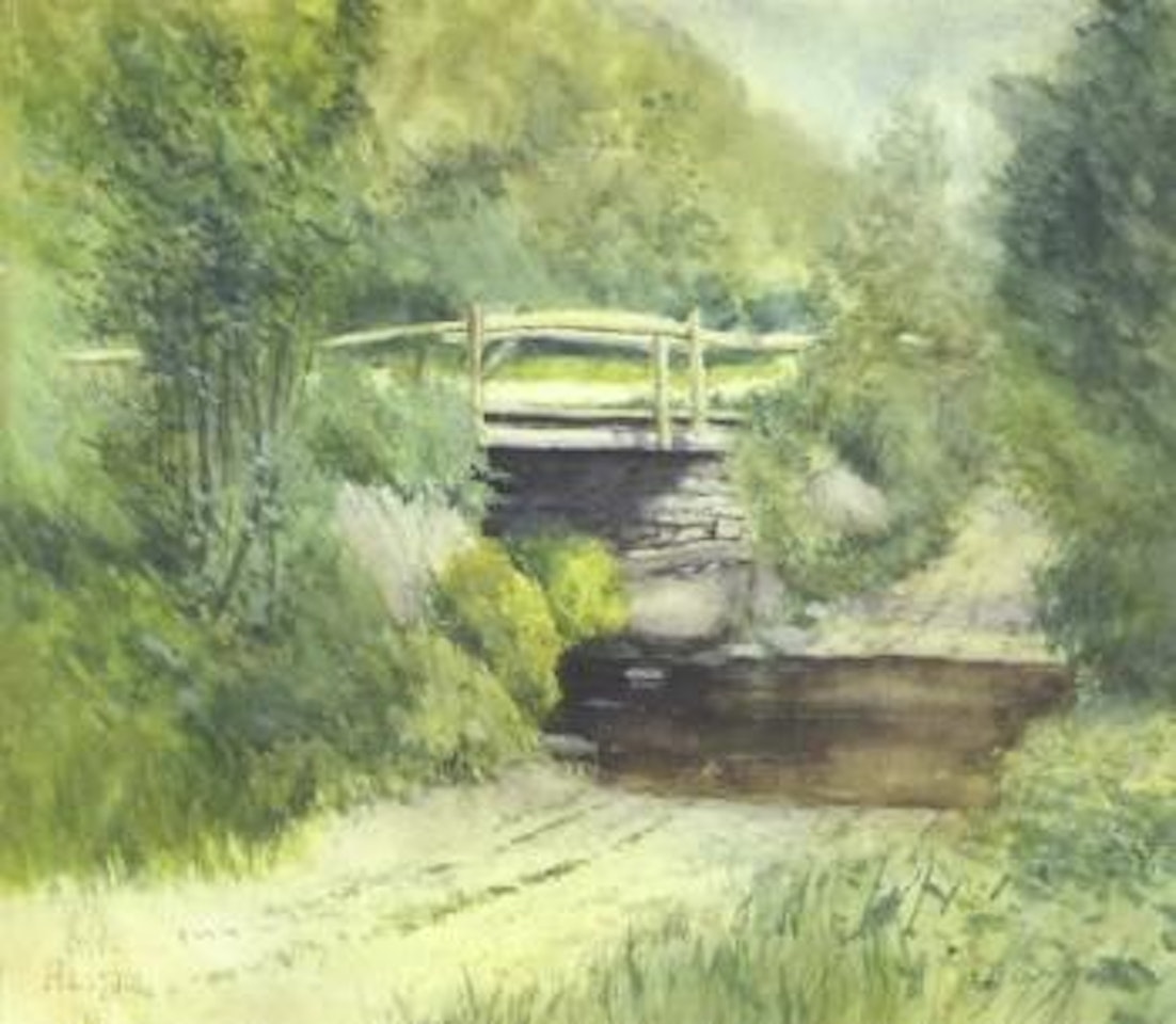 Rustic landscape with bridge over a stream by Childe Hassam