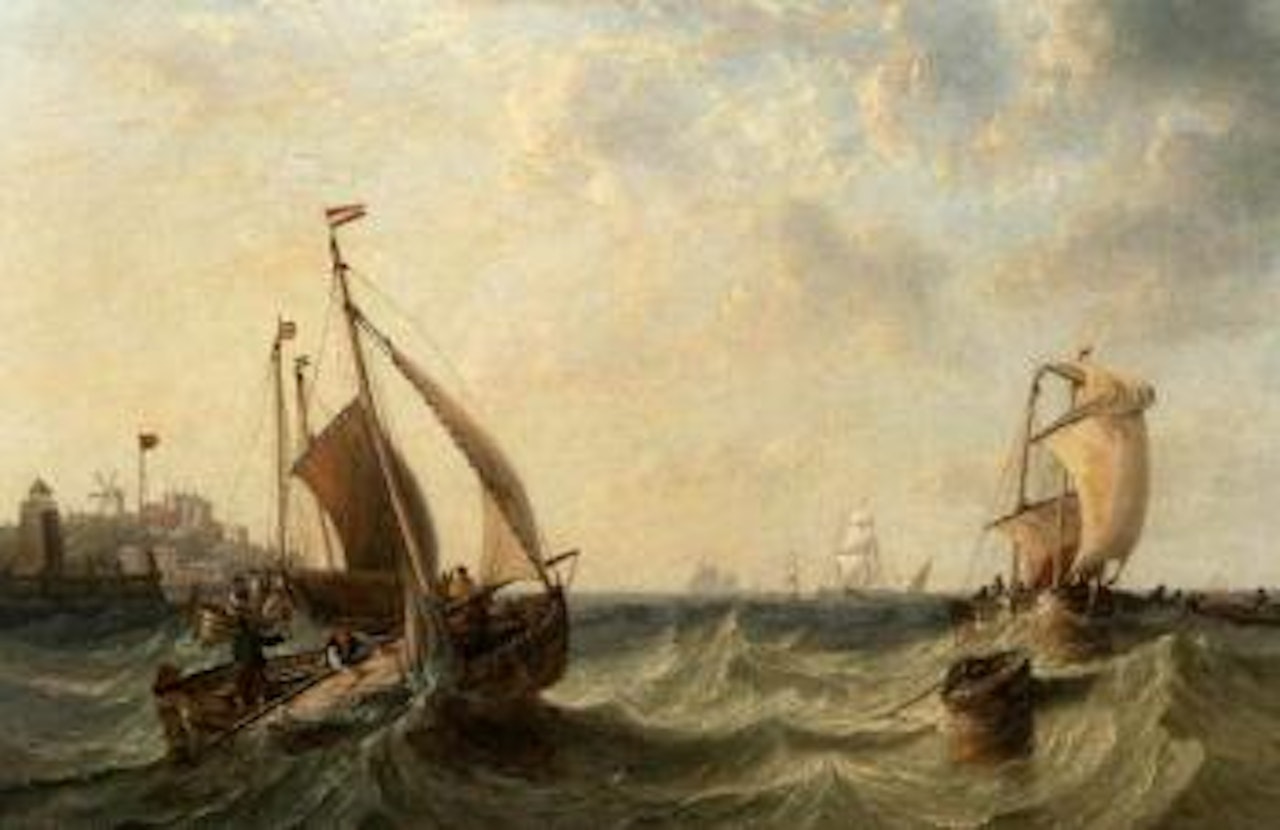 Fishing boats in harbour mouth by John Wilson Carmichael