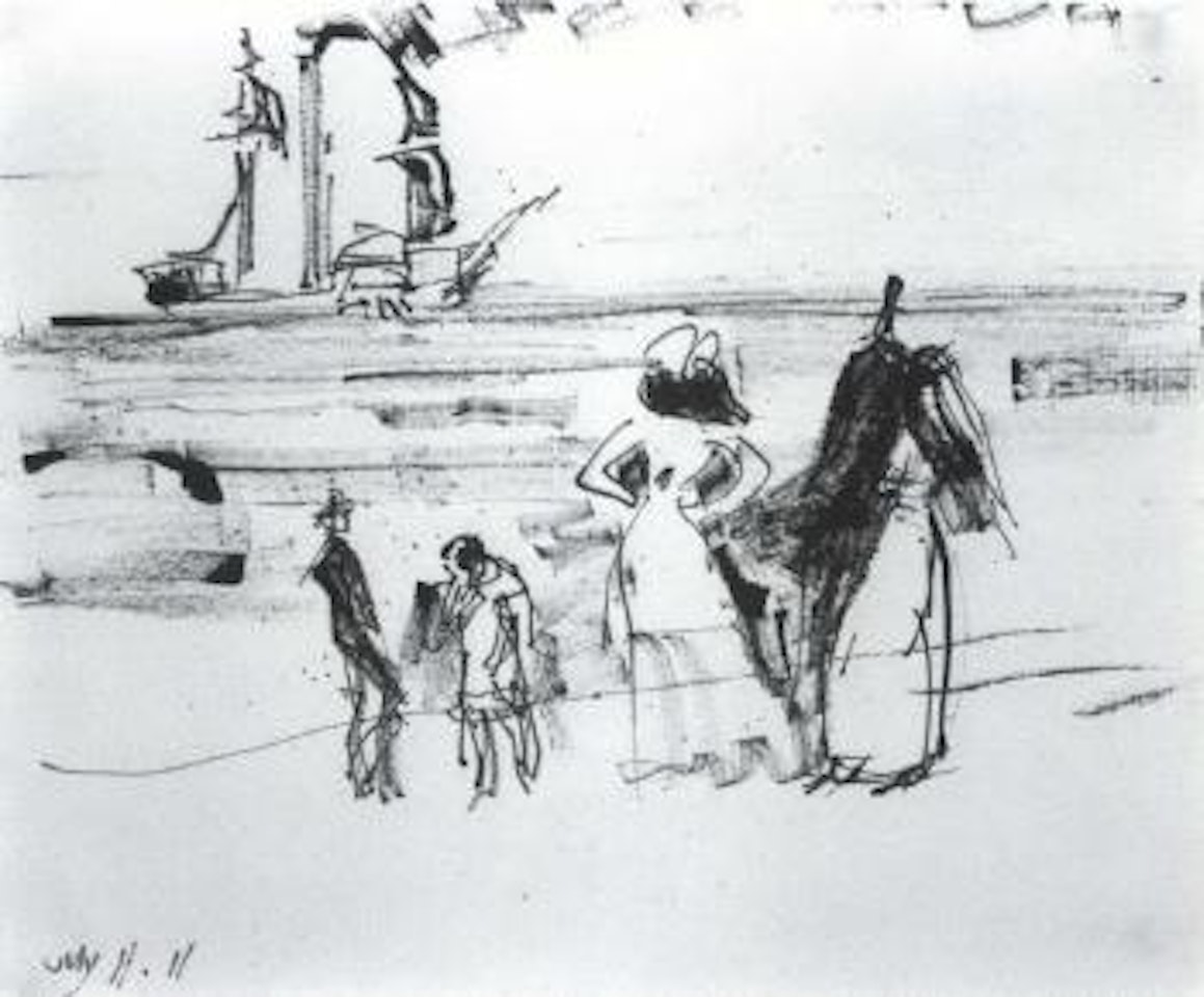Strollers on the beach and side wheeler by Lyonel Feininger