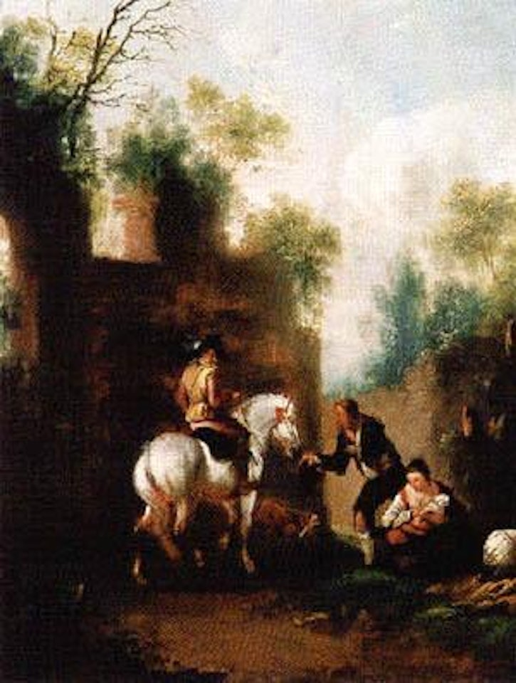Ruins in landscape with rider and beggars by Christian Wilhelm Ernst Dietrich