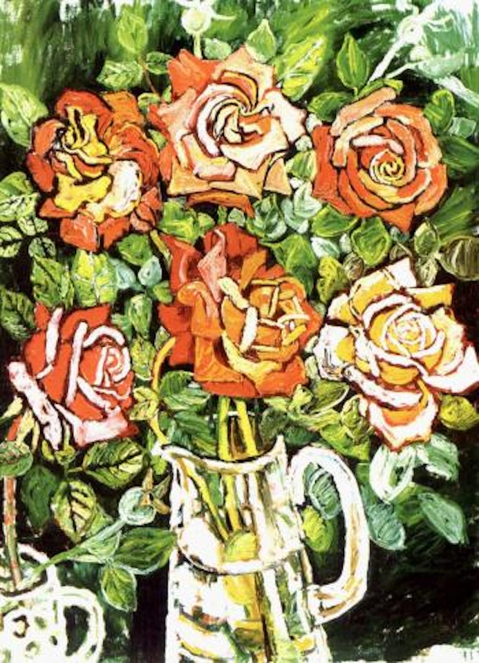 Royal red roses in a glass mug by John Bratby