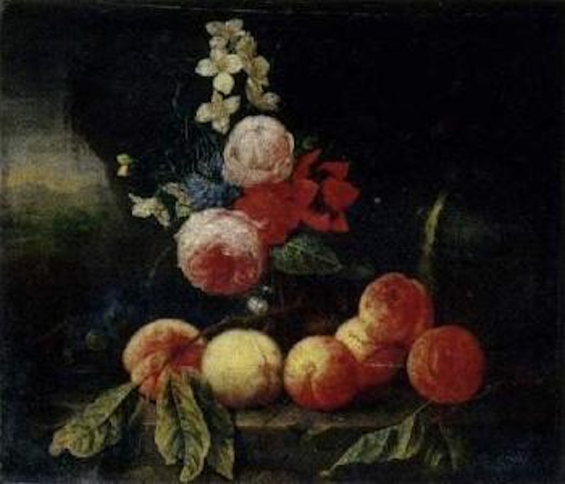 Peaches and grapes with roses and other flowers in a glass vase by Cornelis de Heem