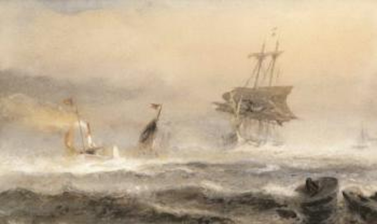 Towing into port, heavy weather by William Callow