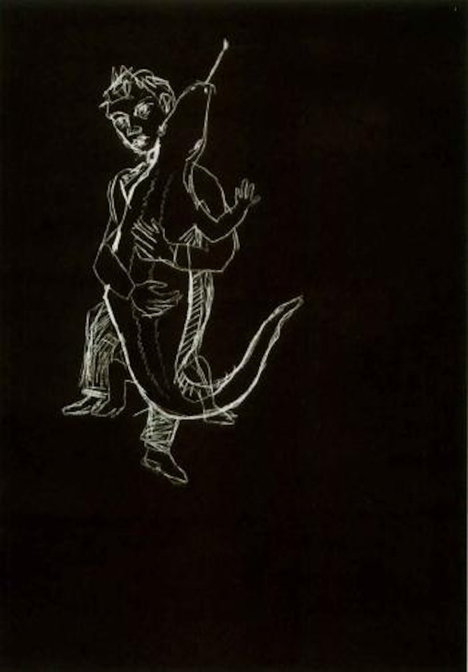 Blackboard drawing - man and lizard by Stephan Balkenhol