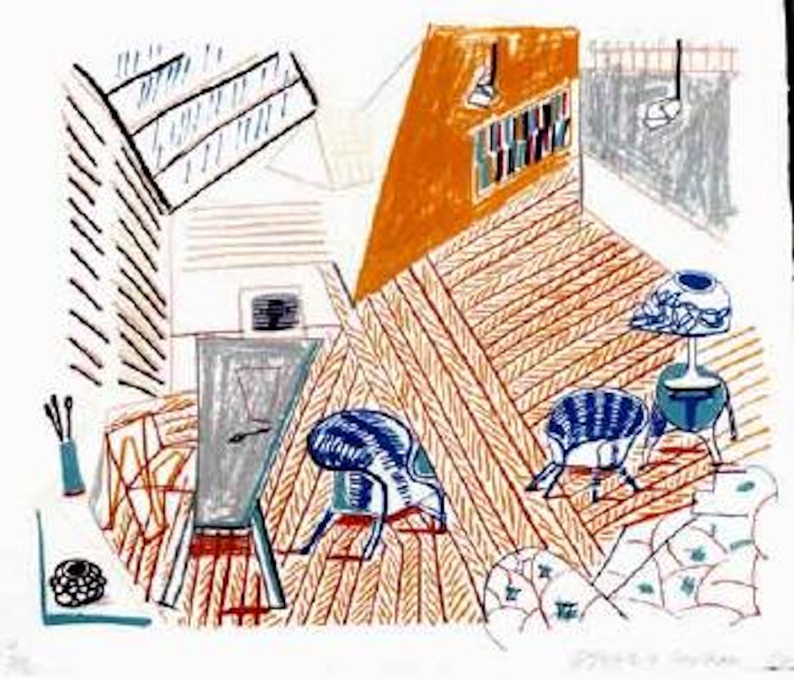 Pembroke Studio with blue chairs and lamp by David Hockney