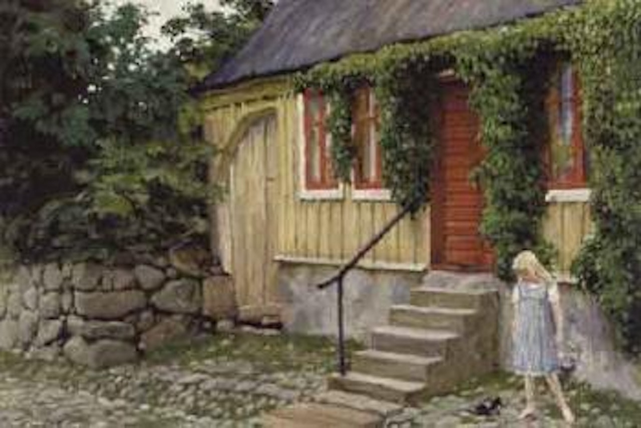 Small girl by farmhouse in Baastad by Paul Fischer