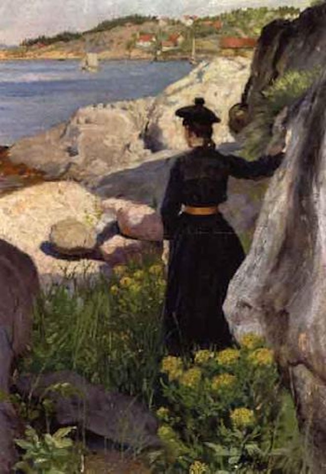 Coastal landscape with girl looking out at water, possibly Hvidsten by Paul Fischer