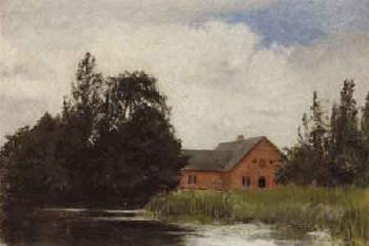Landscape study from Haraldskaer paper mill by Vejle river by Vilhelm Hammershoi