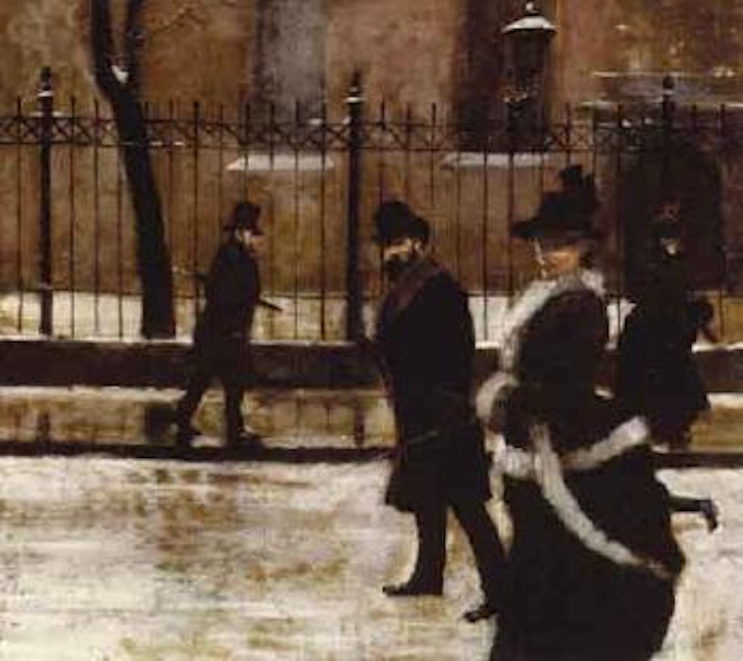 Elegant couple walking by church in winter by Paul Fischer