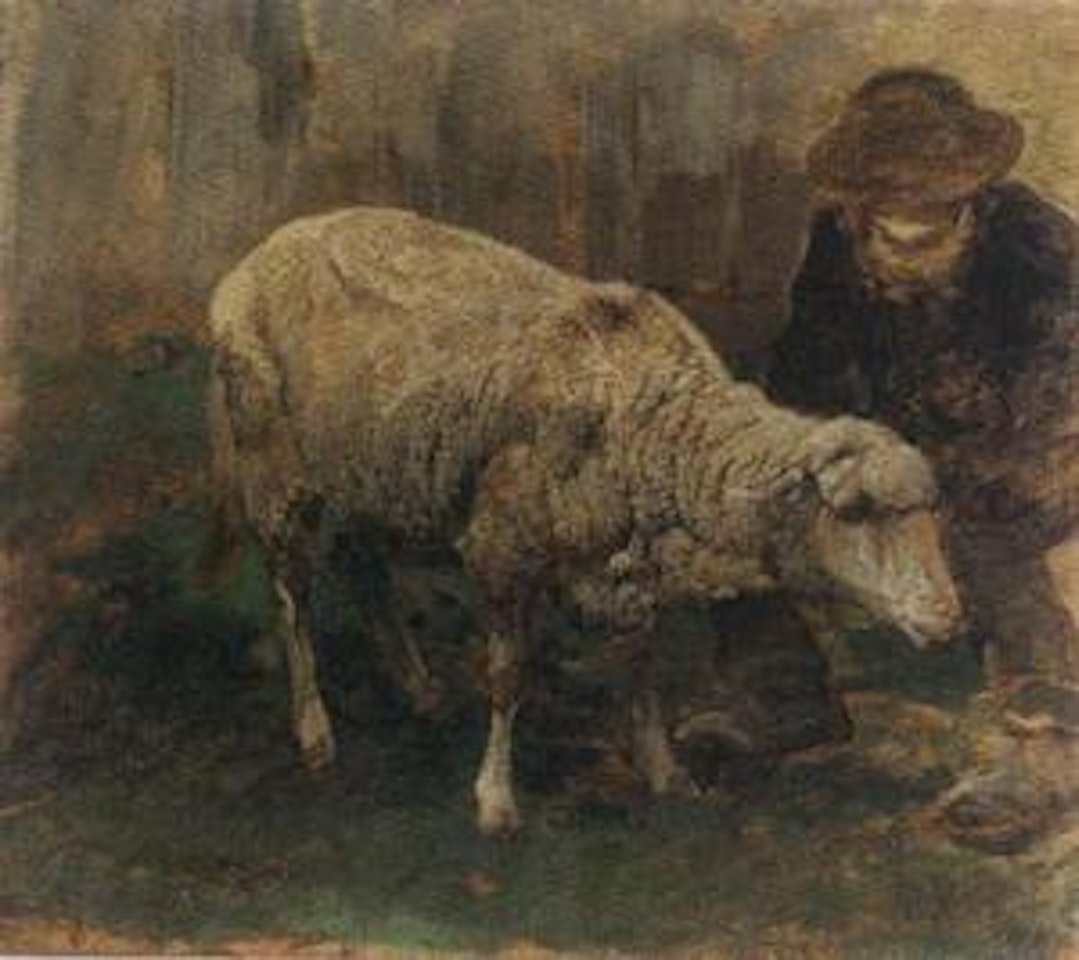 Peasant with sheep by Heinrich von Zugel