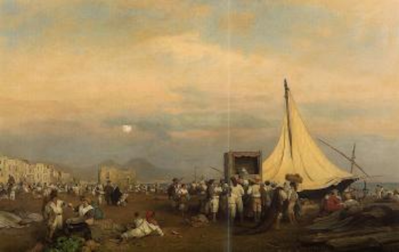 Punch and Judy show on beach in Bay of Naples by Oswald Achenbach