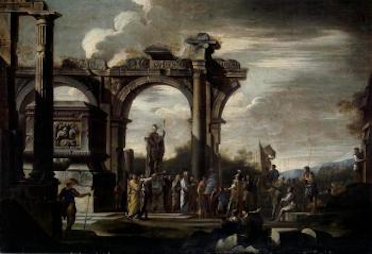 Capriccio of Roman ruins and sacrifice to Mars by Giovanni Ghisolfi