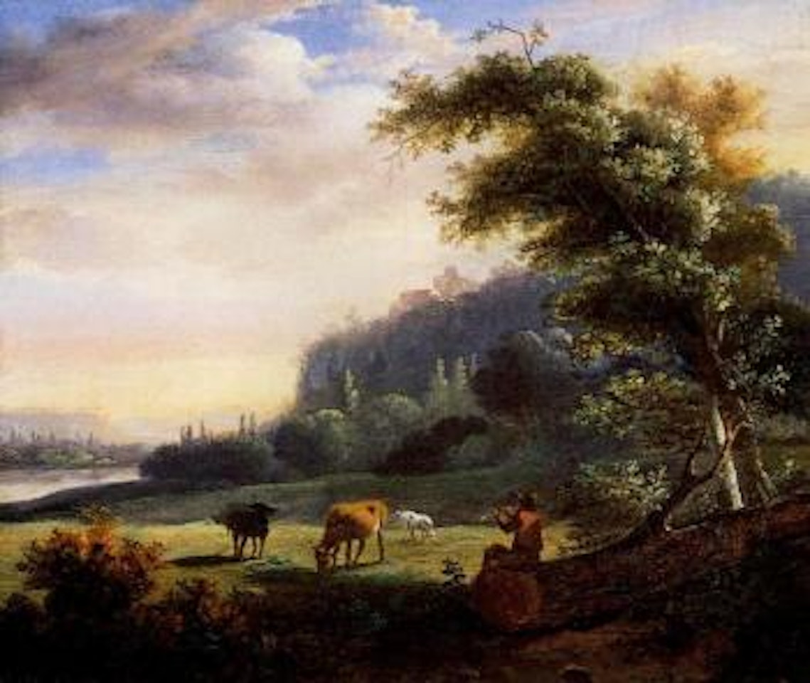 Shepherd playing the shawm in landscape. Herdsman and flock by ford by Flemish School