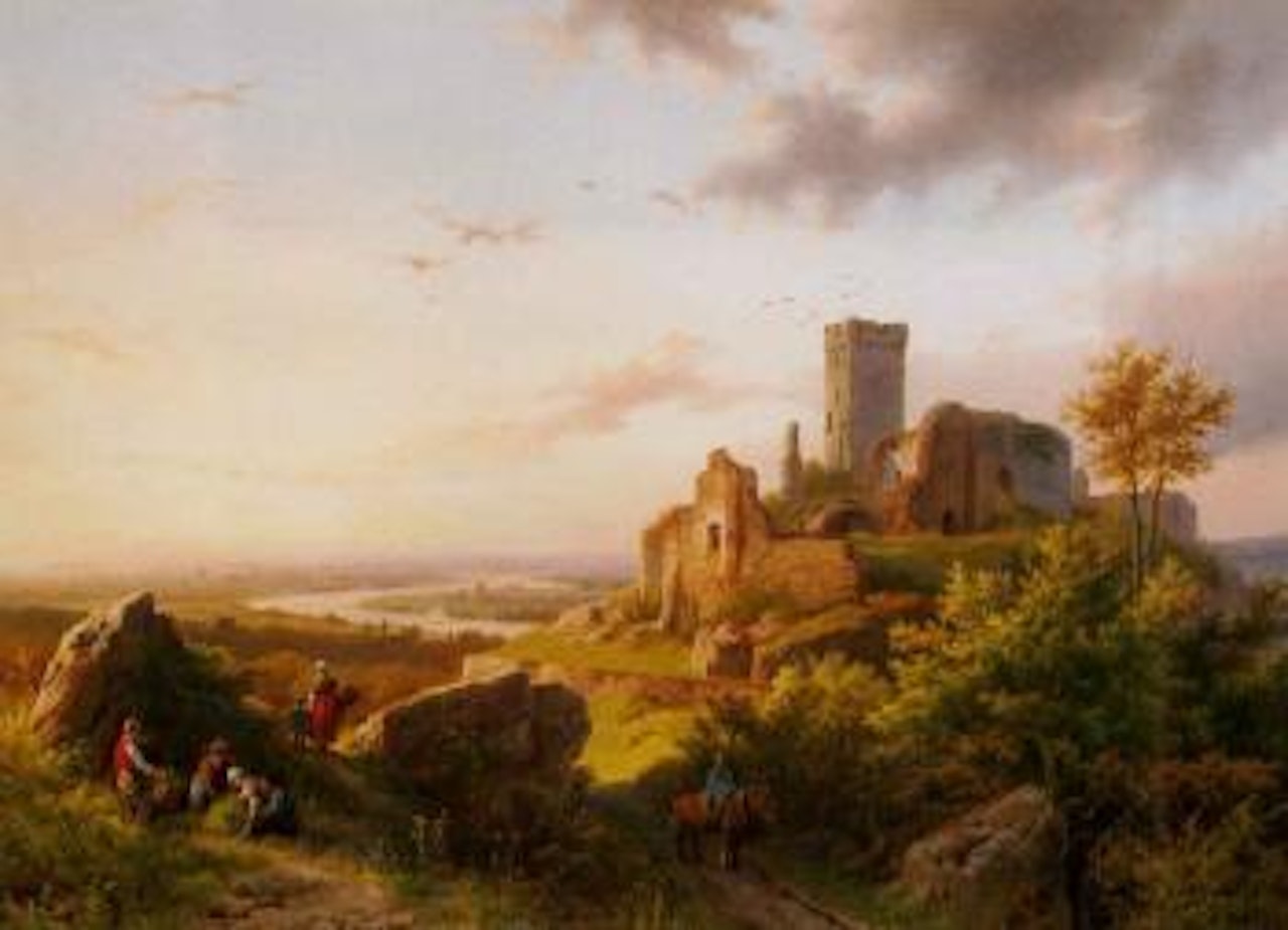 Een Heuvelachtig landschap waarin eene Burgtruine en een rivier in de agtergrond by Barend Cornelis Koekkoek