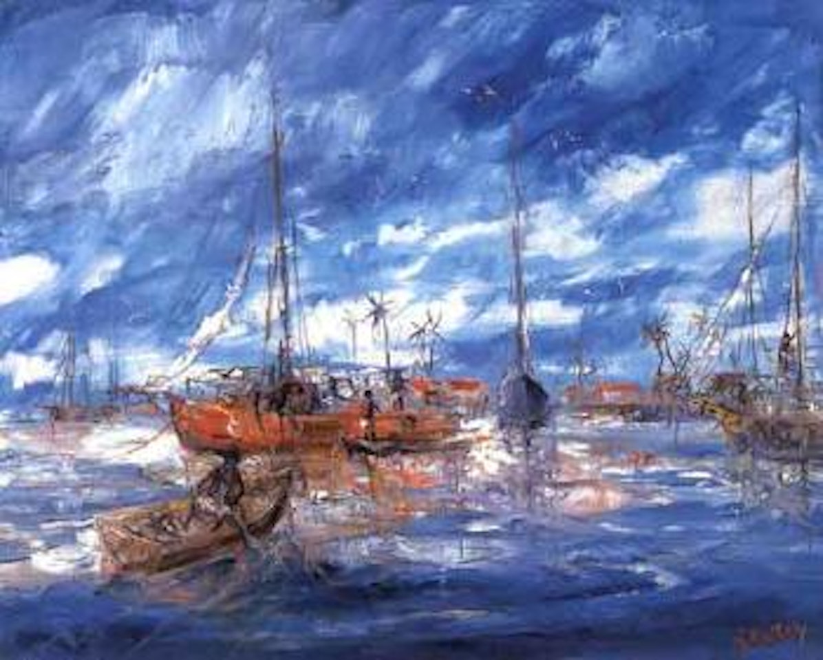 Island boats and village by Hugh Sawrey