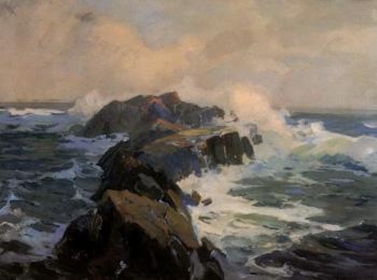 Mountain river landscape with fisherman by Franz A Bischoff