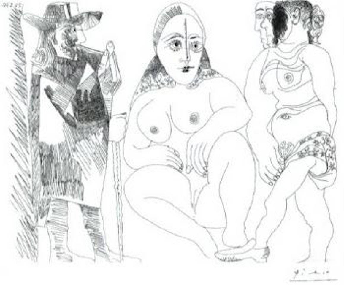 Caballero a la pipe avec deux femmes, dont une masquee by Pablo Picasso